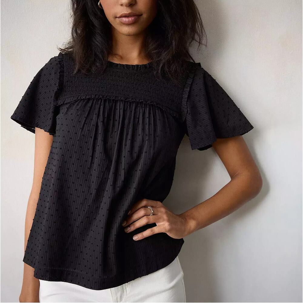 LC Lauren Conrad Smock Yoke Flutter Sleeve Blouse in Black, size M